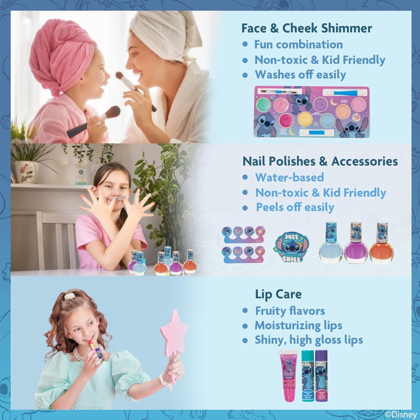 The GlitterBox - Washable Play Makeup Kit for Kids in a Stitch Train Case