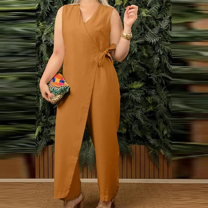 The Metropolitan Jumpsuit - Versatile V-Neck Romper with Lace-Up Detail