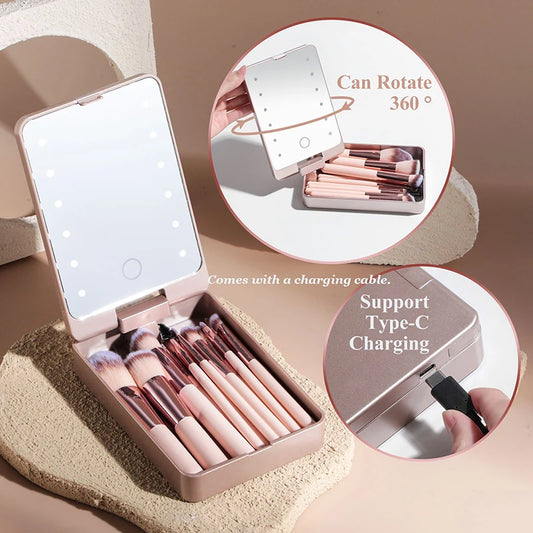The LumiBrush Collection - Makeup Brush Set with Rechargeable LED Mirror