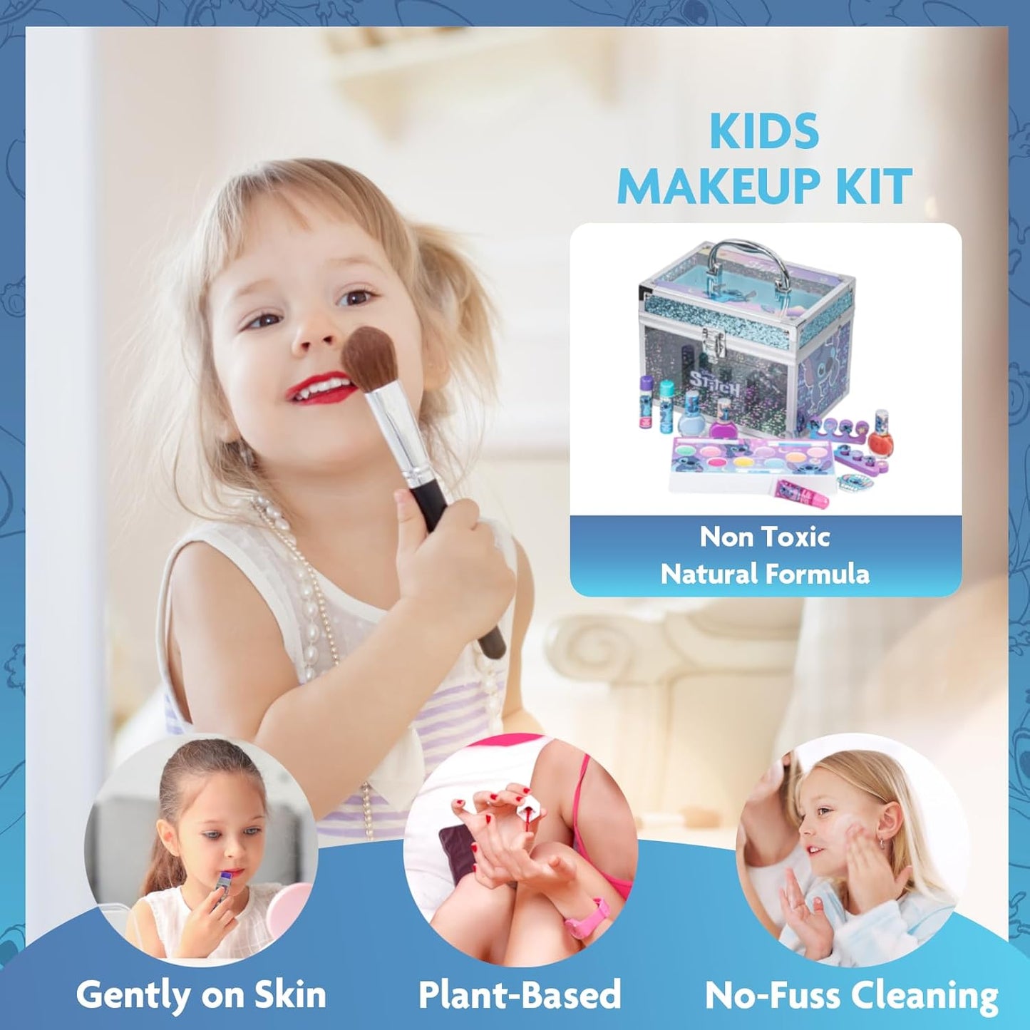 The GlitterBox - Washable Play Makeup Kit for Kids in a Stitch Train Case