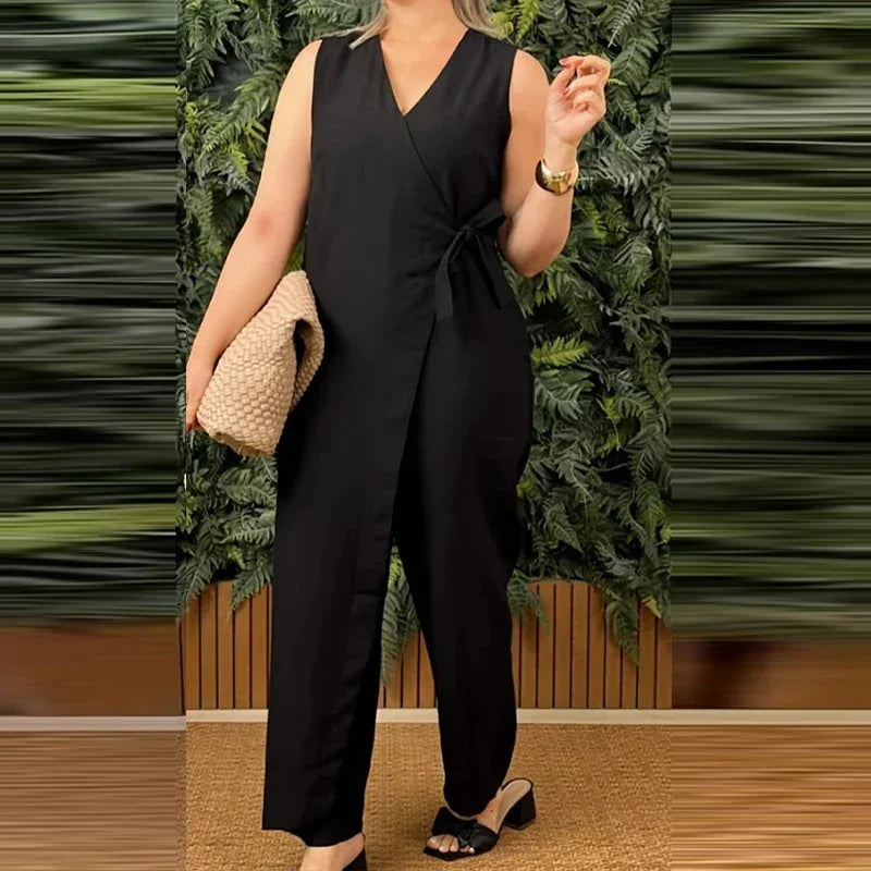 The Metropolitan Jumpsuit - Versatile V-Neck Romper with Lace-Up Detail