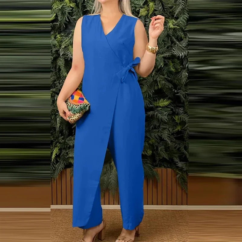 The Metropolitan Jumpsuit - Versatile V-Neck Romper with Lace-Up Detail