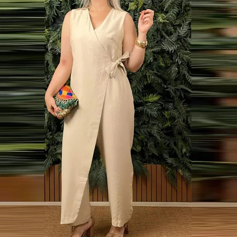 The Metropolitan Jumpsuit - Versatile V-Neck Romper with Lace-Up Detail