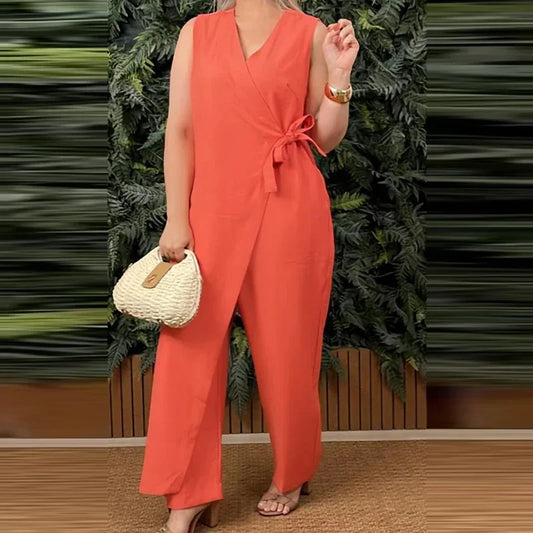 The Metropolitan Jumpsuit - Versatile V-Neck Romper with Lace-Up Detail