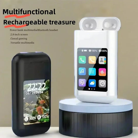 Versatile EchoCharge Pro — In-Ear Bluetooth Earphones with 2.8" Touchscreen Charging Case & Built-In Power Bank (Low-Latency Gaming • Hi-Fi Music)