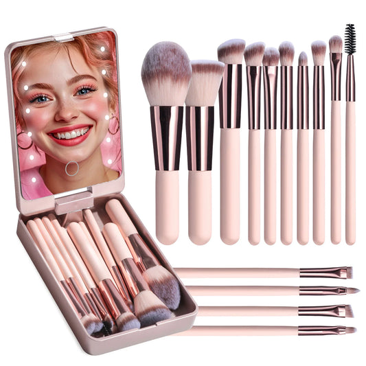 The LumiBrush Collection - Makeup Brush Set with Rechargeable LED Mirror
